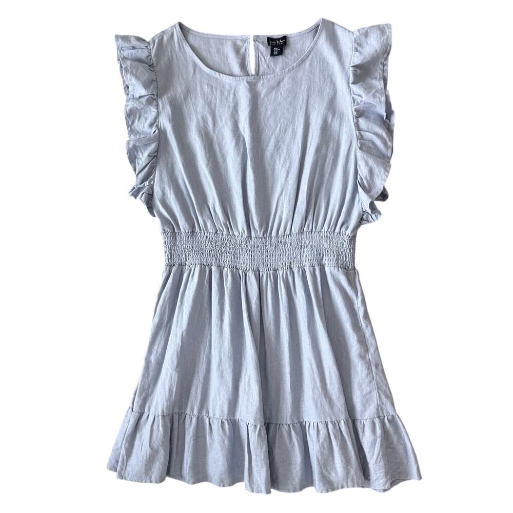 Nicole Miller Linen Blend Flutter Sleeve Smocked Waist Dress Coastal Sz XL Blue